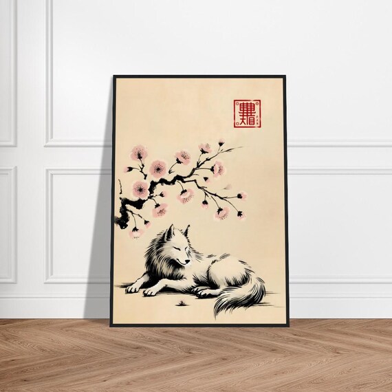 Resting White Wolf under Blossoms Japanese Sumi E Ink Poster