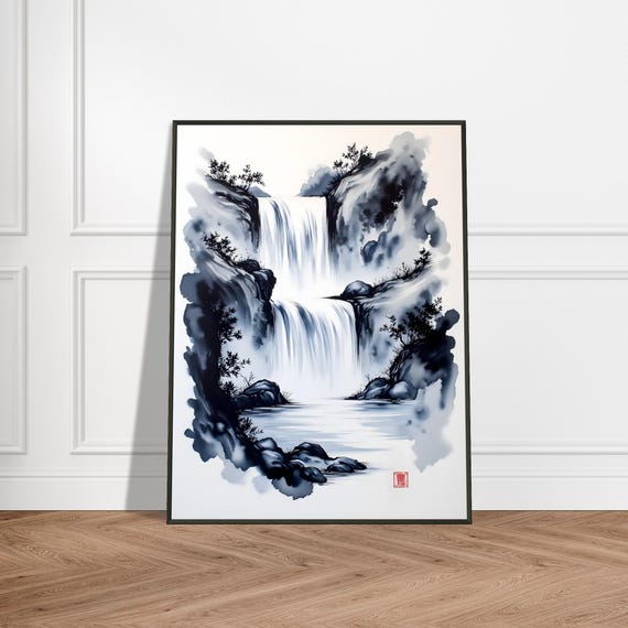 Japanese Waterfall Ink Painting Sumie Style Zen Landscape Art Tranquil Nature Wall Decor Serene Cascade Scene With Rocks And Trees