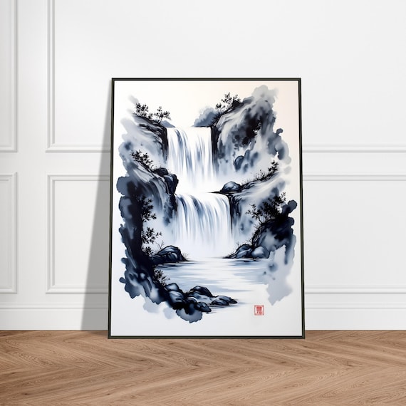 Two Tier Waterfall Japanese Sumi Ink Wash Poster Between Cliffs