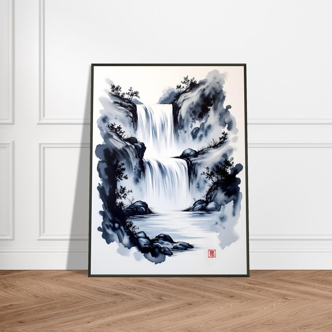 Two Tier Waterfall Japanese Sumi Ink Wash Poster Between Cliffs