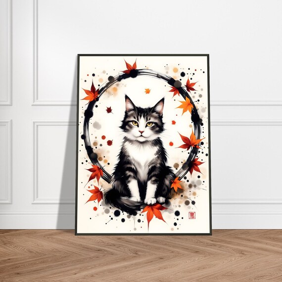 Tabby Cat in Autumn Maple Enso Circle Japanese Watercolor Poster