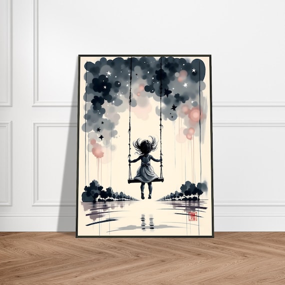Girl on Swing Over Water Under Starry Ink Clouds Dreamy Poster