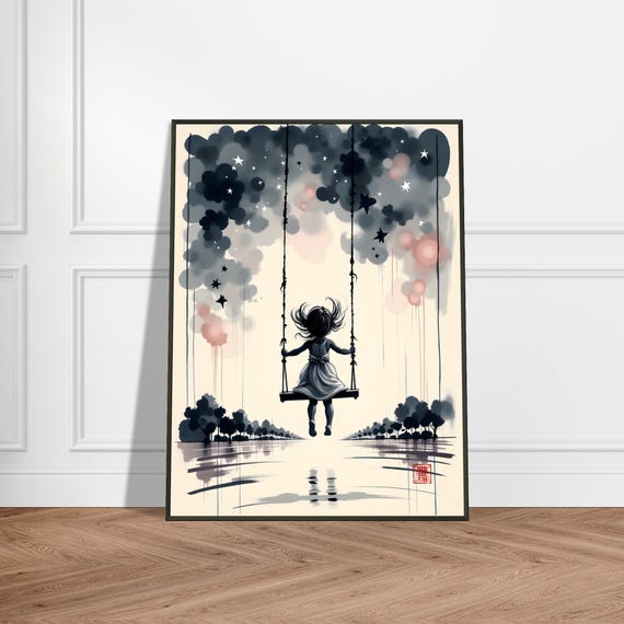 Girl On Swing With Dream Sky Metal Framed Japanese Fantasy Art Print Whimsical Childhood Reflections And Starry Clouds Decor