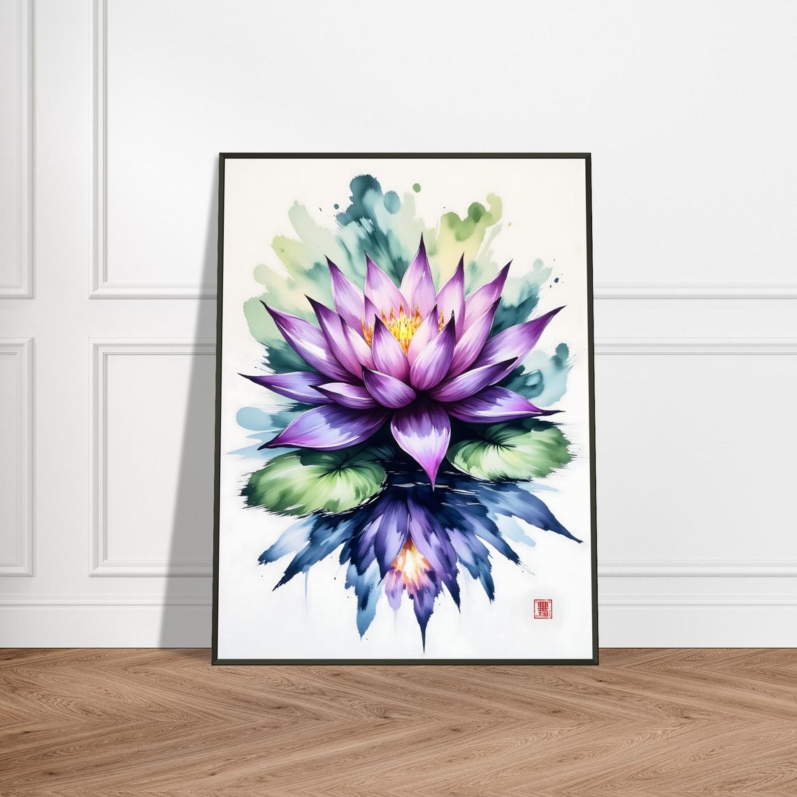Purple Lotus Flower Lily Pads Reflection Watercolor Zen Poster