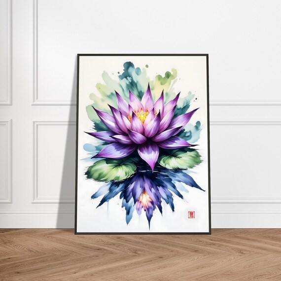 Purple Lotus Flower Lily Pads Reflection Watercolor Zen Poster