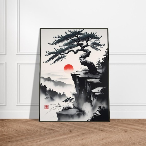 Ancient Twisted Pine Tree on Cliff Edge With Red Sun Sumi E Poster