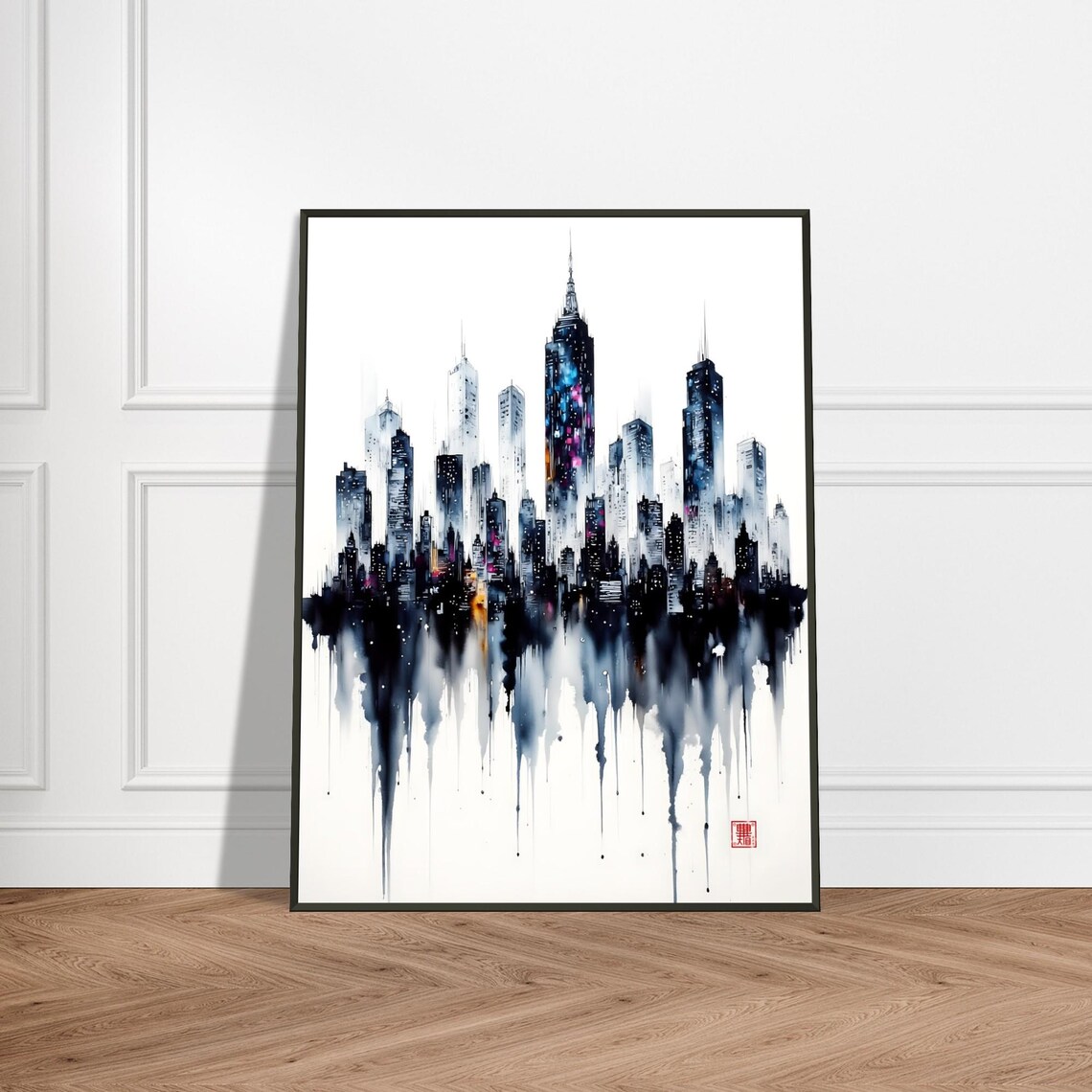 City Skyline Dripping Watercolor Neon Night Towers Poster Art