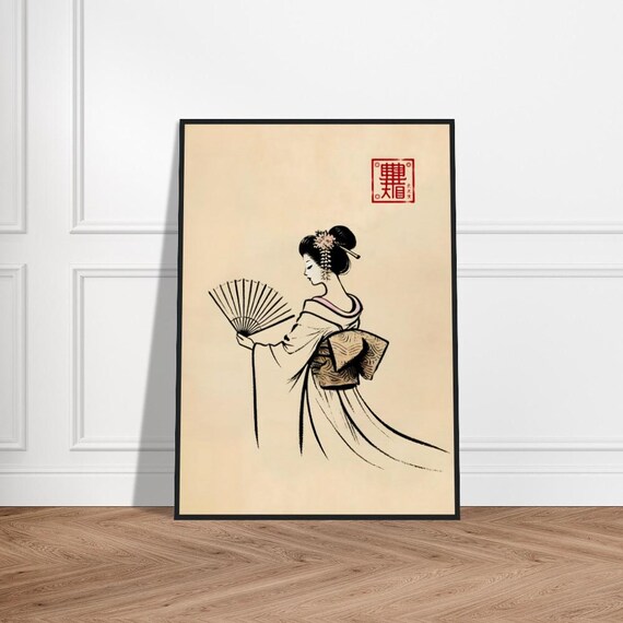 Geisha with Folding Fan in Kimono Line Art Japanese Poster Decor