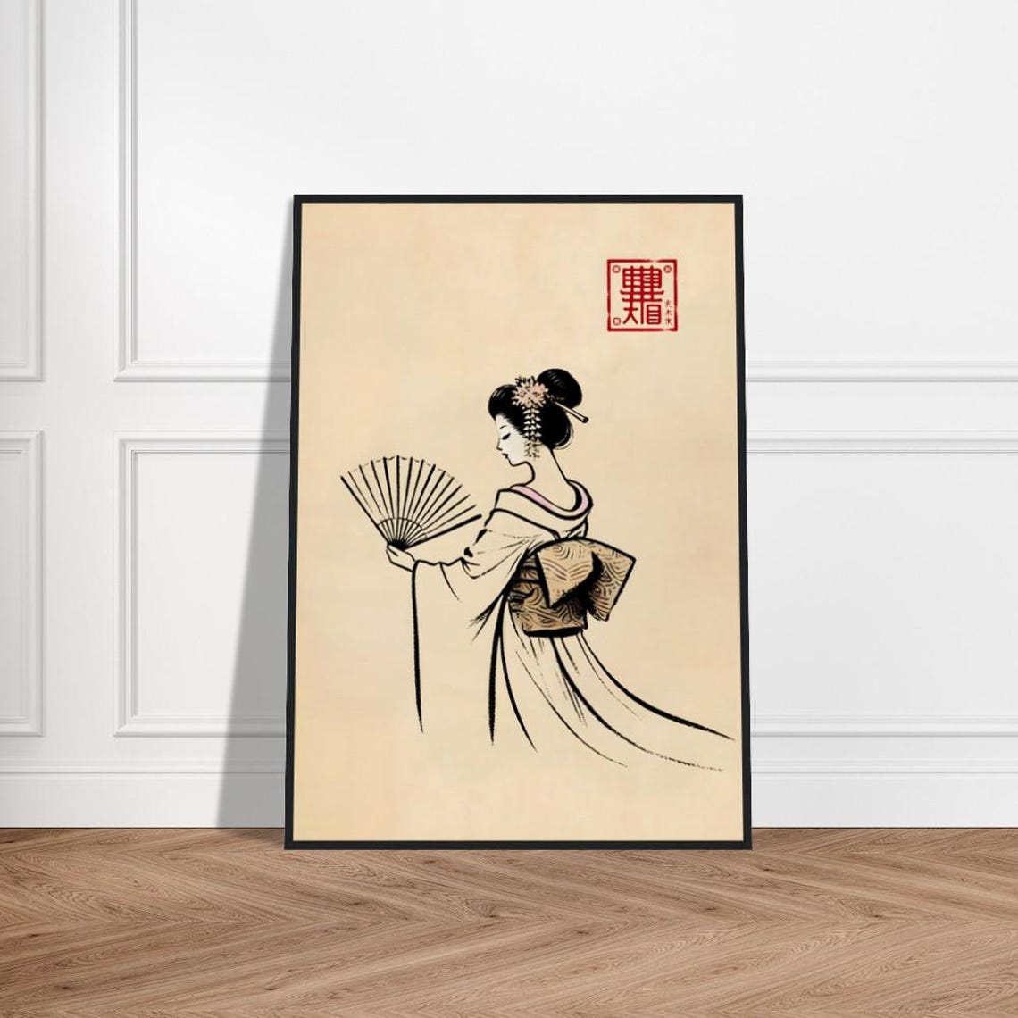 Geisha with Folding Fan in Kimono Line Art Japanese Poster Decor