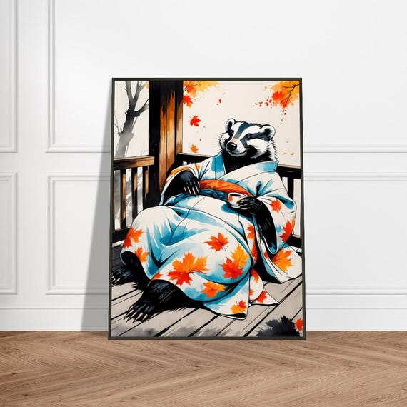Badger In Kimono Wall Art With Metal Frame Japaneseinspired Ink Illustration Autumn Maple Leaves Tea On Veranda Scene