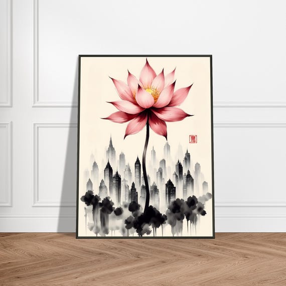 Giant Flower Over City Japanese Art Print Surreal Urban Nature Fusion Zen Botanical Ink Style Wall Decor