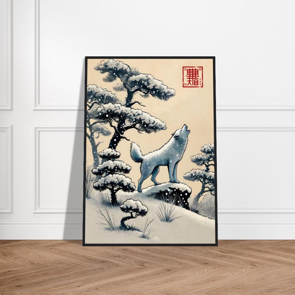 Howling White Wolf Snow Pines Japanese Sumi E Ink Painting Poster