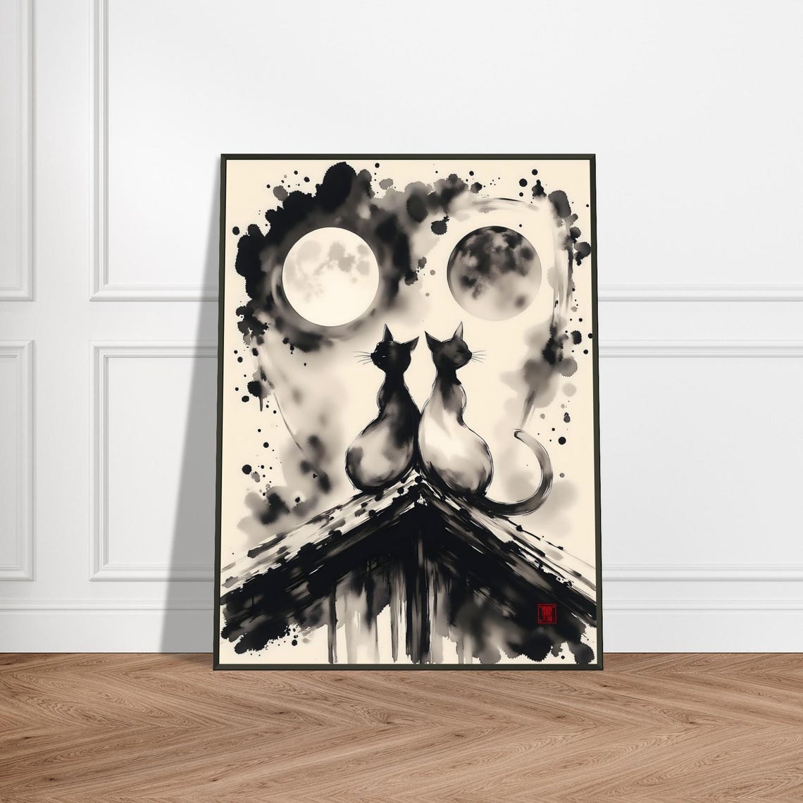 Two Black Cats Moonlit Rooftop Night Japanese Ink Whimsical Poster