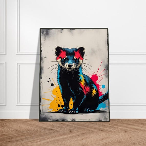 Playful Ferret Art Print Japaneseinspired Vibrant Ink Splash Design With Bold Colors Whimsical Animal Wall Decor For Pet Lovers