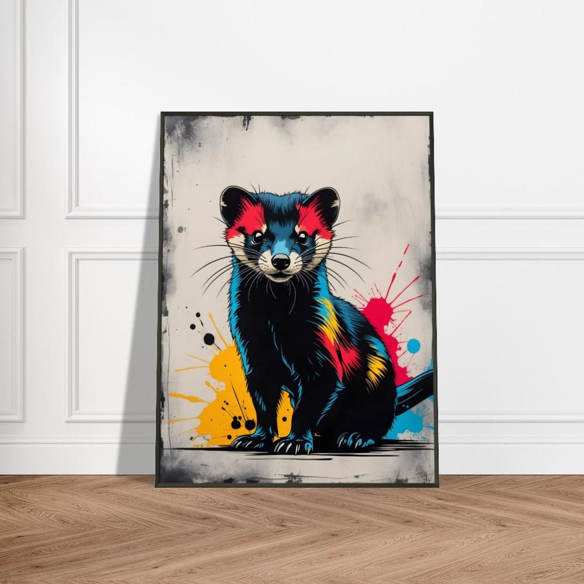 Ferret Portrait Graffiti With Red Yellow Blue Splashes Poster