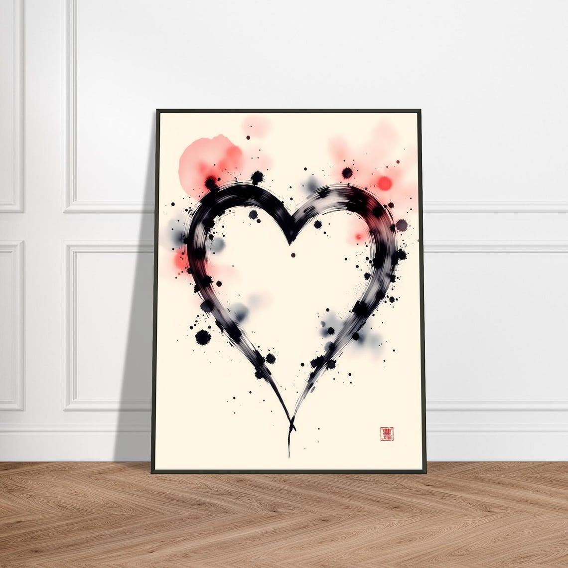 Black Brushstroke Heart Poster with Soft Pink Watercolor Wash