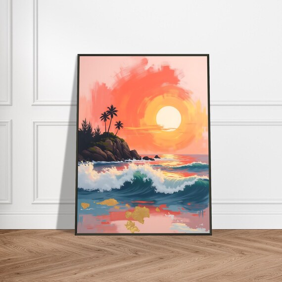 Tropical Sunset Surf Vibrant Ocean Wave Painting With Palm Trees Coral Sky And Gold Leaf Accents Modern Beach Wall Art