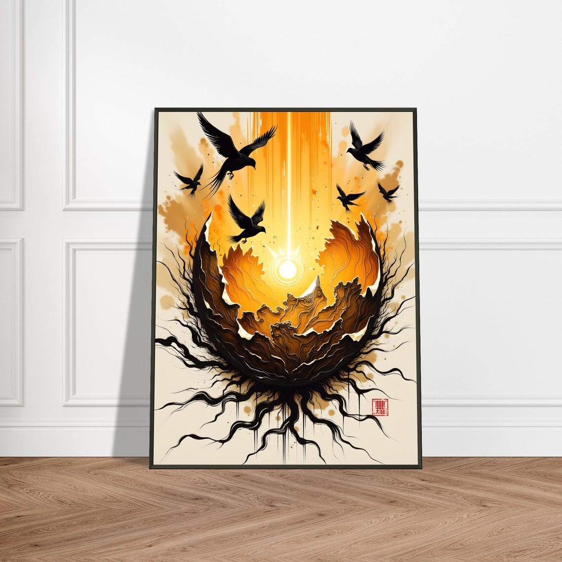 Cracked Egg Releasing Birds Into Golden Light Surreal Ink Poster