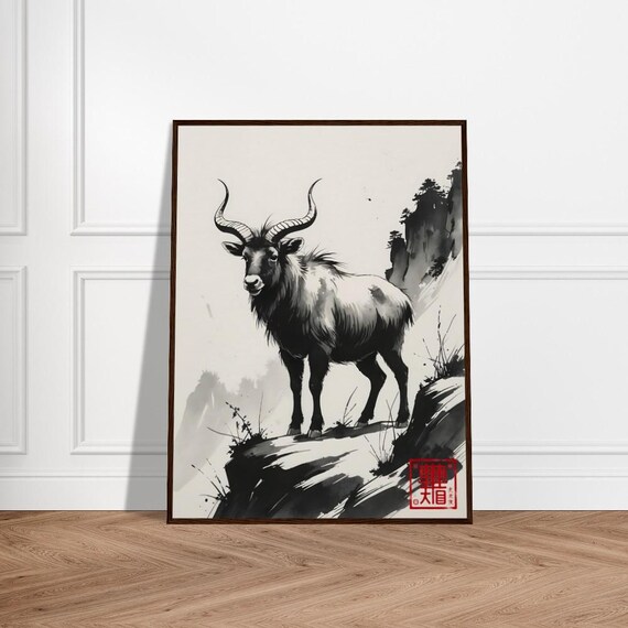 Majestic Mountain Goat on Cliff Japanese Sumie Ink Art Poster