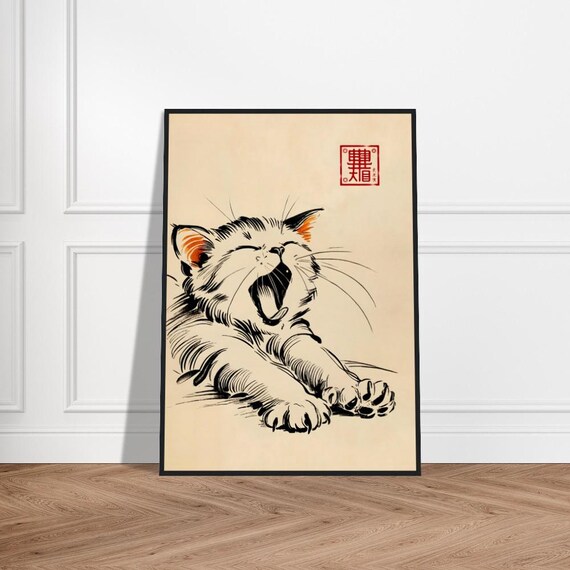 Japanese Cat Big Yawn Lying Down Orange Accents Ink Art Poster