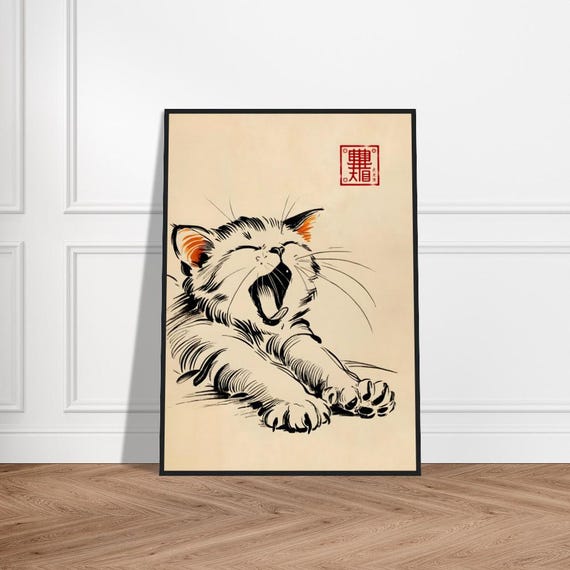 Japanese Cute Cat Art Poster Minimalist Wall Decor Museumquality Matte Paper Framed Zen Print Feline Artwork For Nursery
