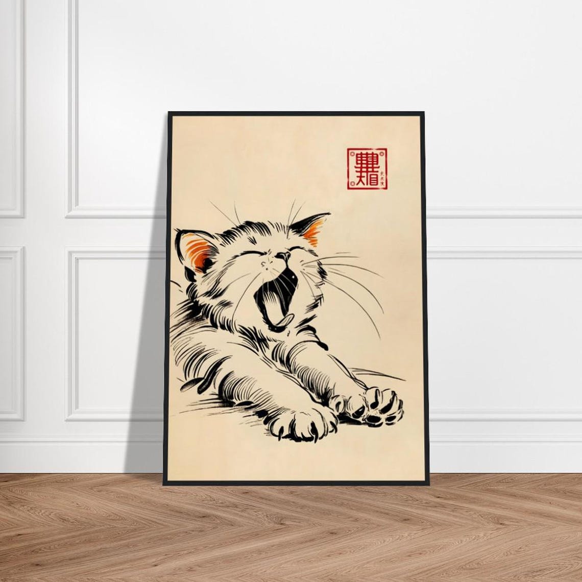 Japanese Cat Big Yawn Lying Down Orange Accents Ink Art Poster