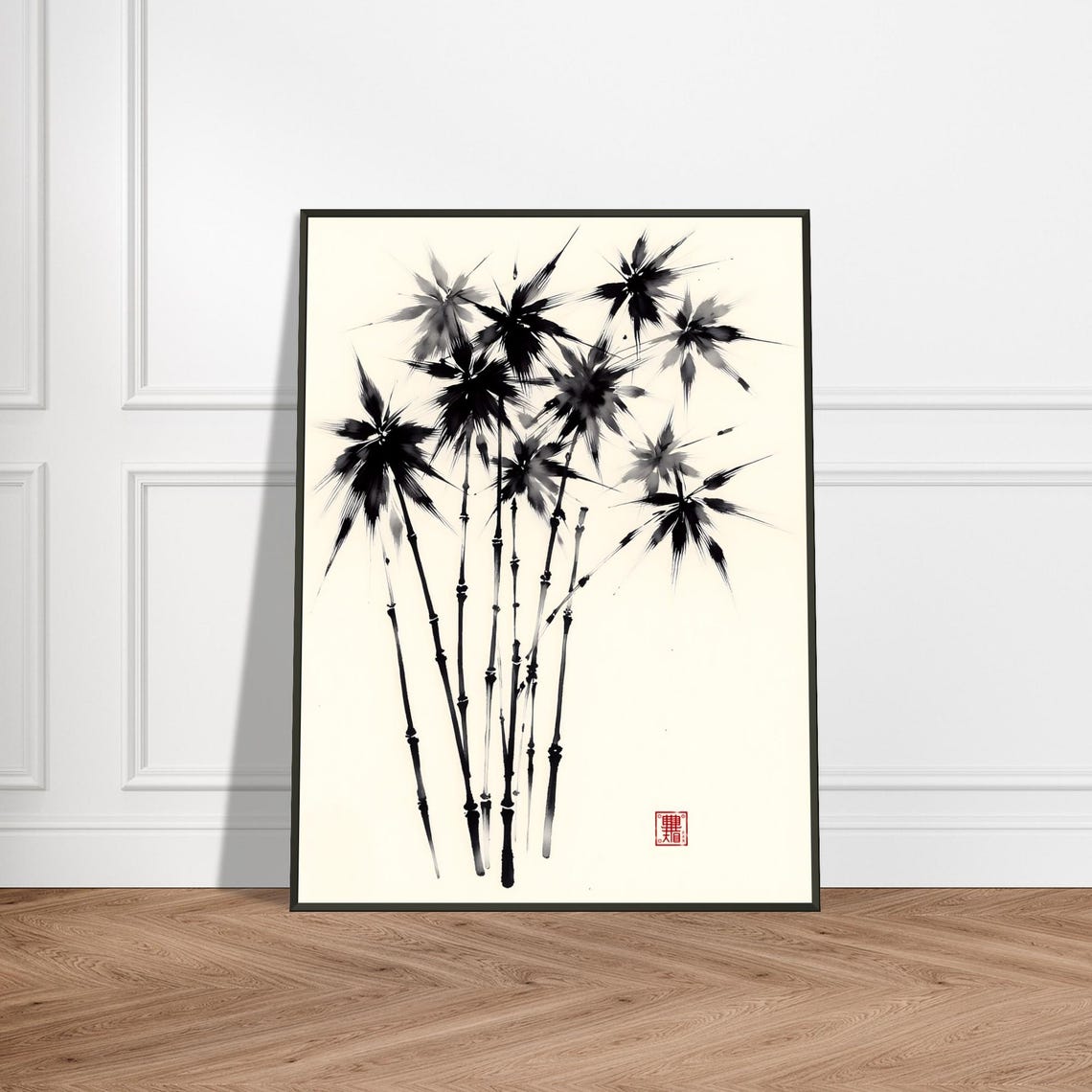 Bamboo Stalks With Starburst Leaves Minimalist Sumi E Poster
