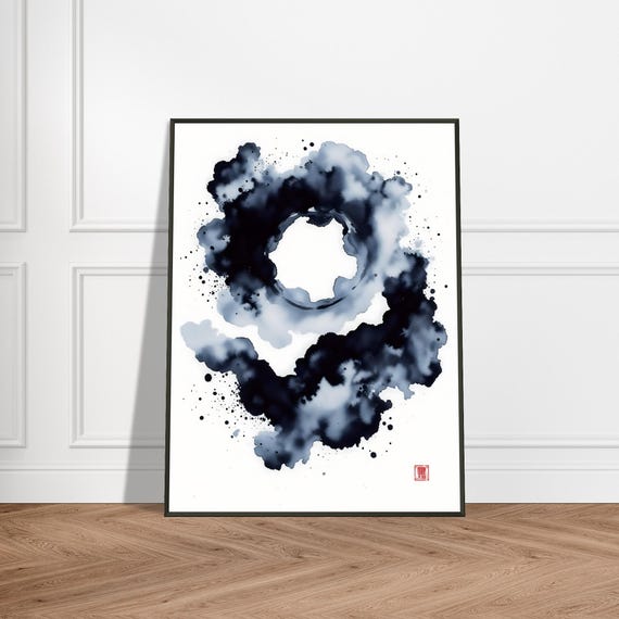 Abstract Ink Cloud Ring Print Japanese Sumie Style Art Minimalist Black And White Zen Splash Painting Modern Meditation Wall Decor