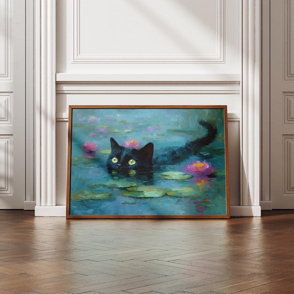 Black Cat Swimming in Water Lily Pond Funny Monet Style Poster