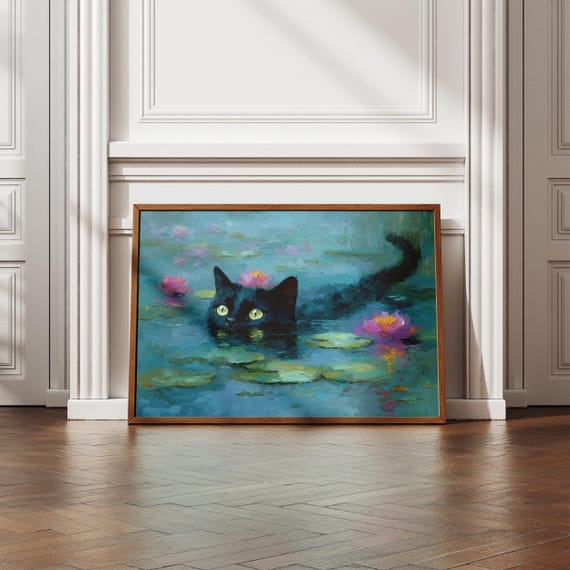 Monet Water Lily Cat Print Black Floral Poster Funny Painting Cute Wall Art Lovers Gift Impressionist