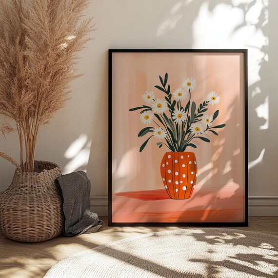 Daisy Flower Wall Art Print Whimsical Floral Poster With Polka Dot Vase Botanical Eclectic