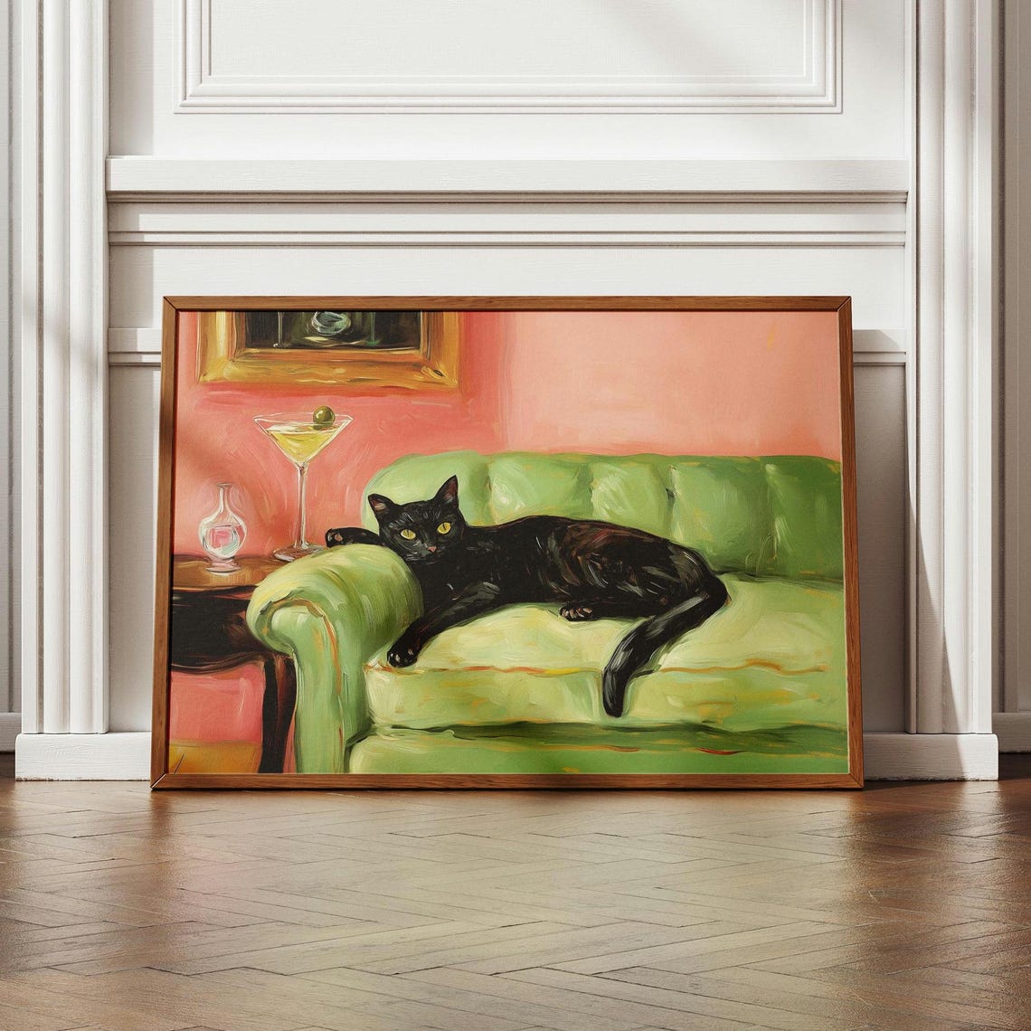 Black Cat Lounging on Green Sofa with Martini Retro Art Poster