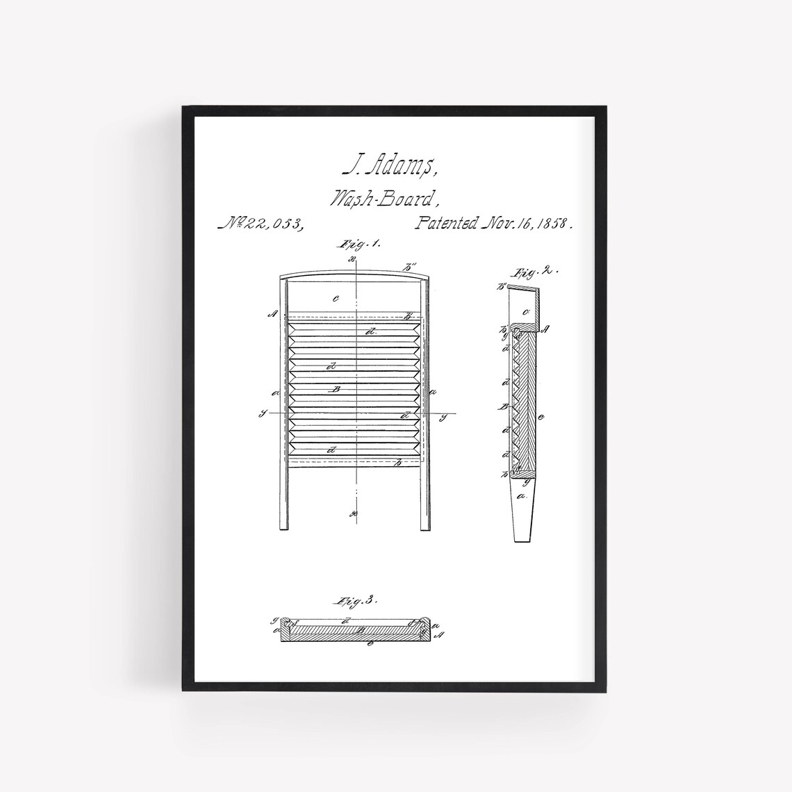 1858 Wash Board Patent Drawing J Adams Vintage Laundry Poster - Image 4