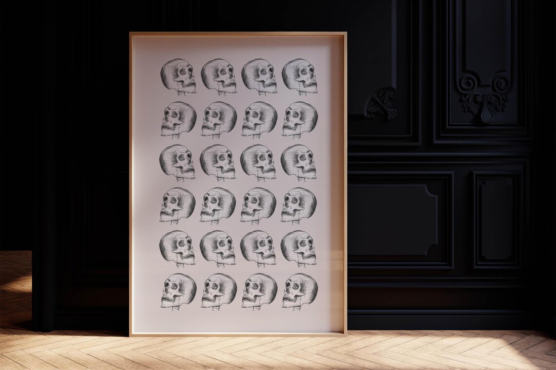 Vintage Skull Studies Grid Spooky Halloween Sketch Art Poster - Image 2