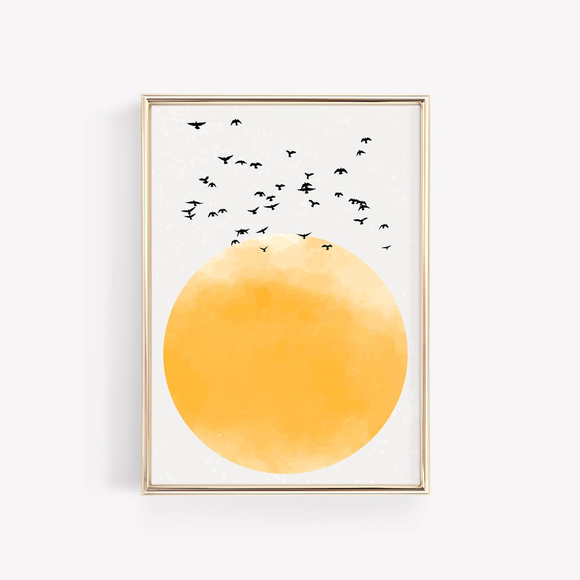 Birds Flying Over Golden Sun Watercolor Minimalist Sky Poster