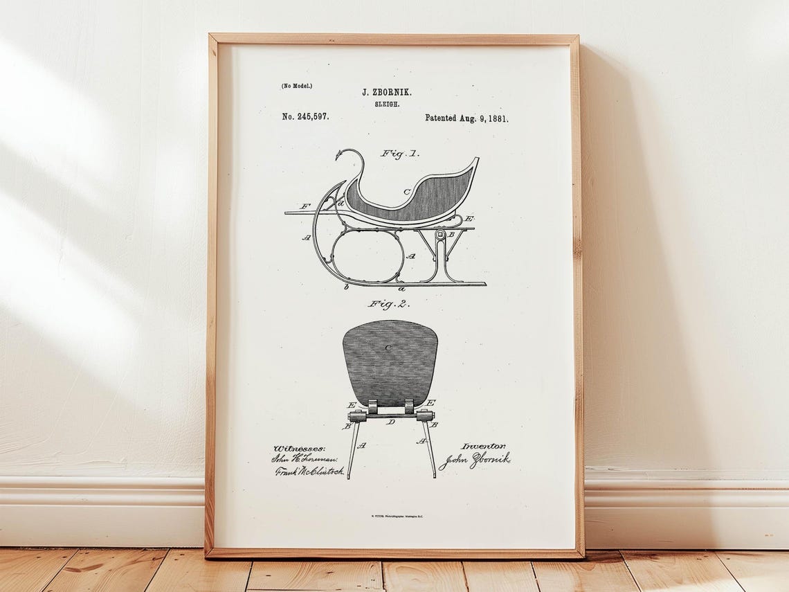 1881 Sleigh Patent Drawing Zbornik Monochrome Vintage Poster - Image 6