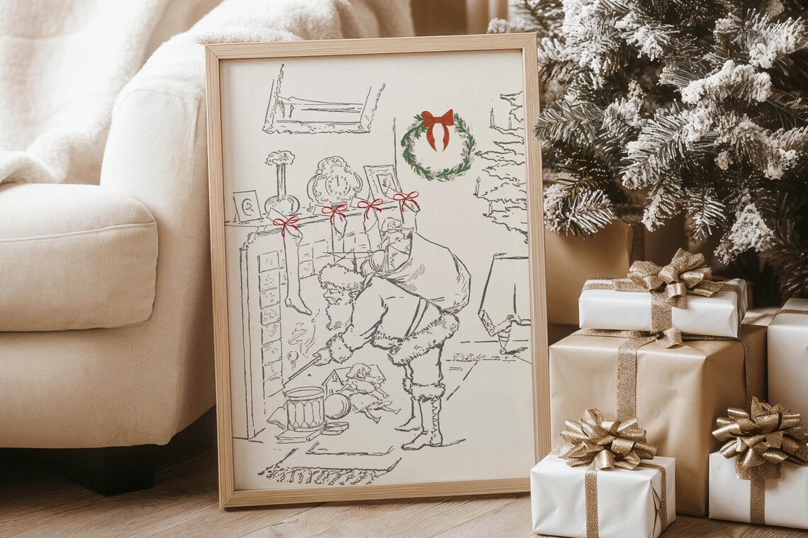 Vintage Santa Claus Sketch Filling Stockings Christmas Poster - Image 6