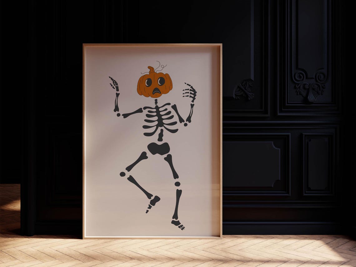 Skeleton Pumpkin Head Cute Spooky Dancing Halloween Fall Poster - Image 2