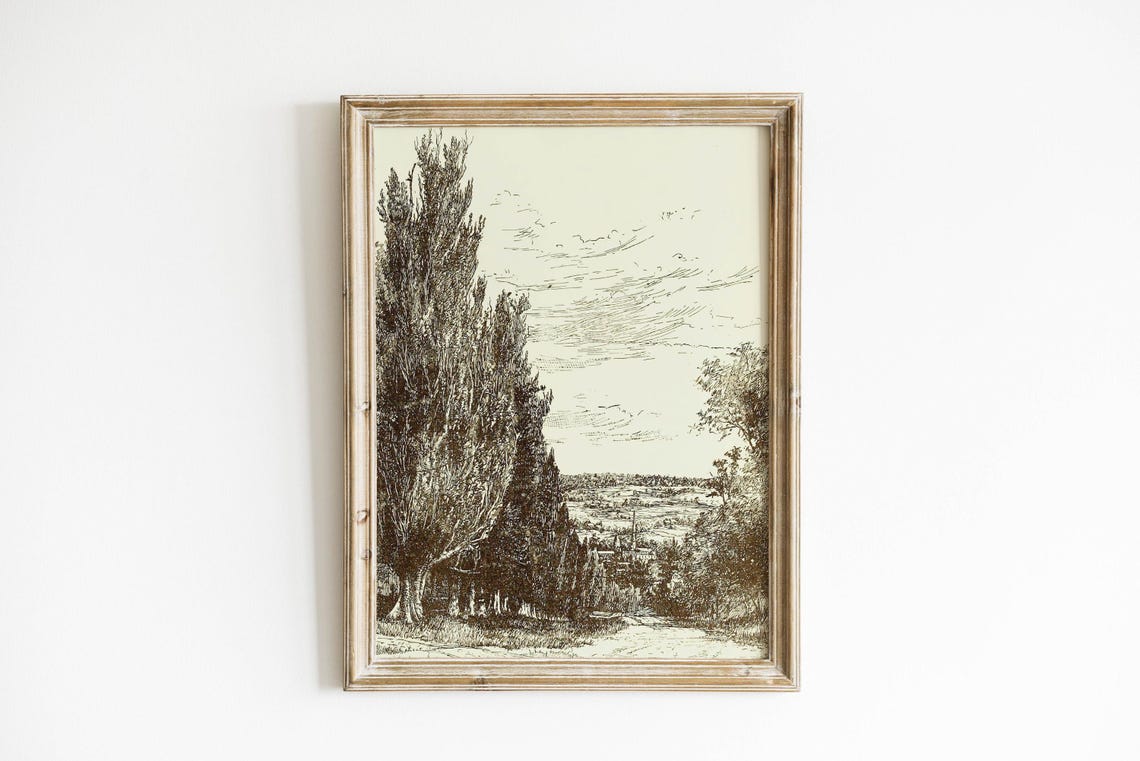 Vintage Sepia Poplar Trees Lane Landscape Rustic Engraving Poster - Image 4