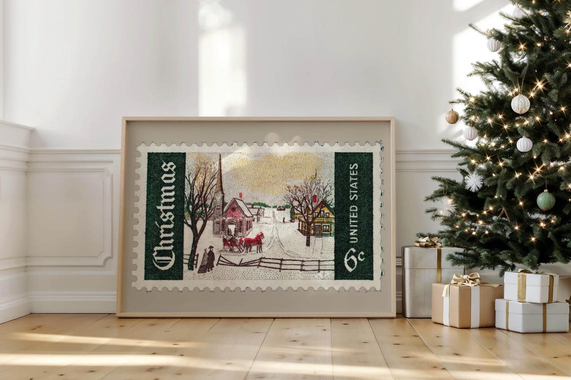 Vintage Christmas 6 Cent Postage Stamp Winter Scene Art Poster - Image 5