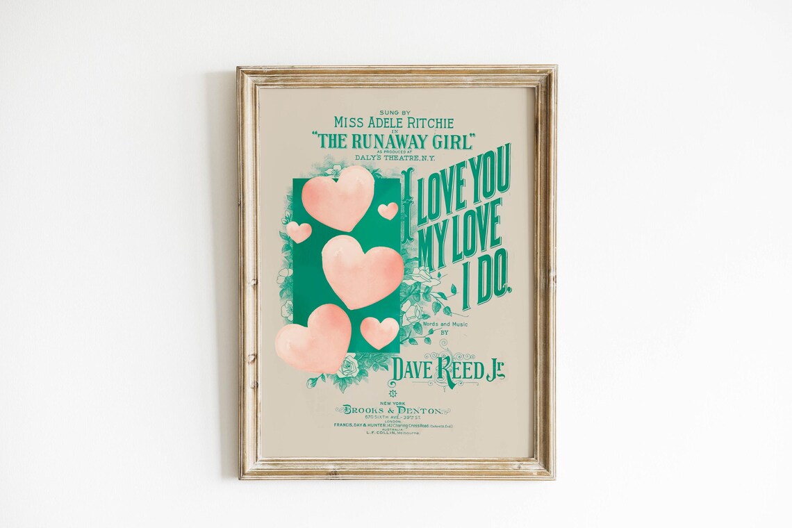 Vintage I Love You My Love I Do Valentine Sheet Music Poster - Image 5