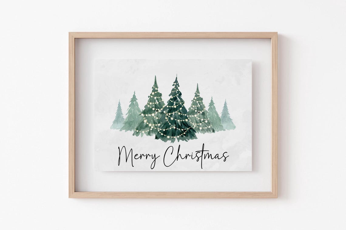 Merry Christmas Watercolor Trees String Lights Holiday Wall Poster - Image 2