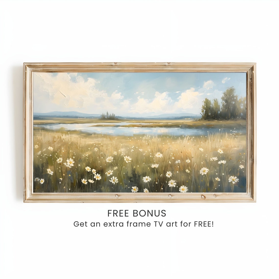 Daisy Meadow by the Lake Vintage Spring Wildflower Landscape Poster - Image 3