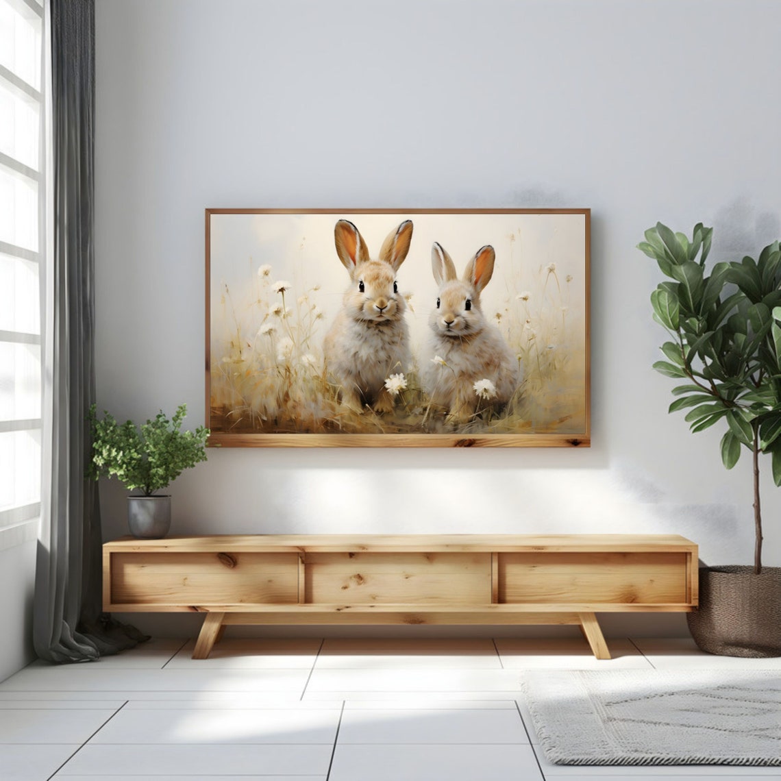 Two Bunnies in Spring Meadow Vintage Rabbit Oil Painting Poster - Image 3