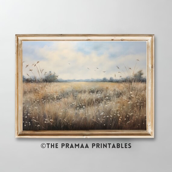 Sunlit Meadow With Birds Vintage Country Field Landscape Poster