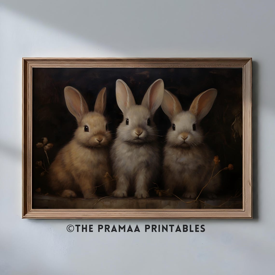 Three Baby Bunnies Sitting Together Moody Vintage Rabbit Poster