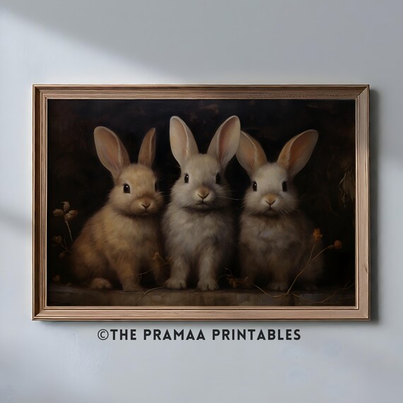 Vintage Easter Bunny Painting Cute Rabbits Wall Art Landscape Moody Spring Home Decor Woodland Animal Nursery Print Ew28