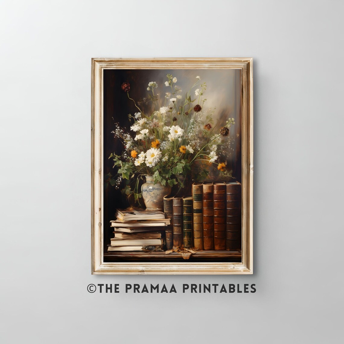 Vintage Wildflower Vase With Antique Books Moody Still Life Wall Art