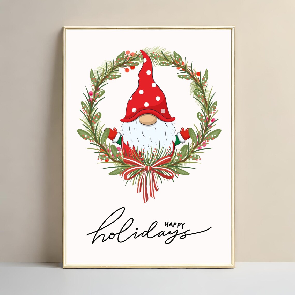 Christmas Gnome Wreath Happy Holidays Festive Watercolor Wall Art - Image 3