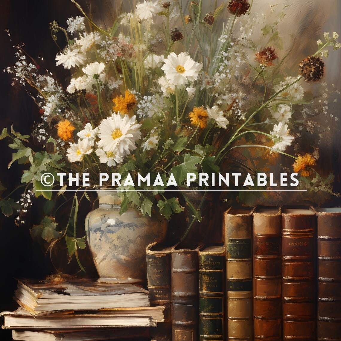 Vintage Wildflower Vase With Antique Books Moody Still Life Wall Art - Image 2